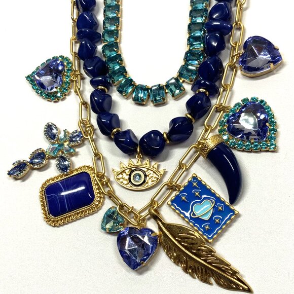 Simply Vera Wang Gold Tone 3 Row Charm Statement Necklace Evil Eye Heart Feather - Picture 7 of 9